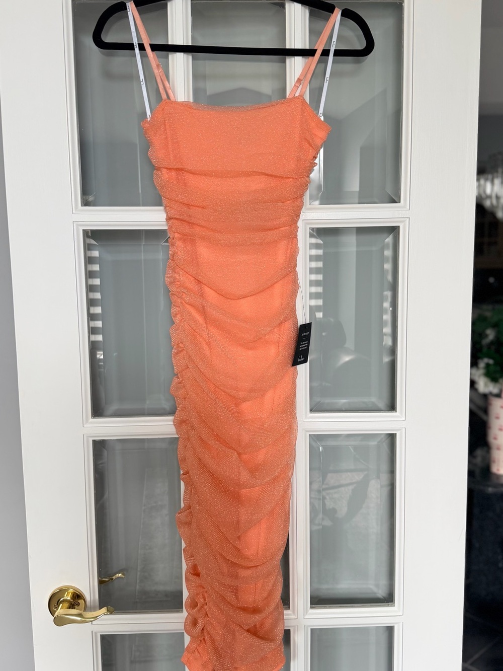 Lulu's Shimmery Coral-Orange Ruched Maxi Dress